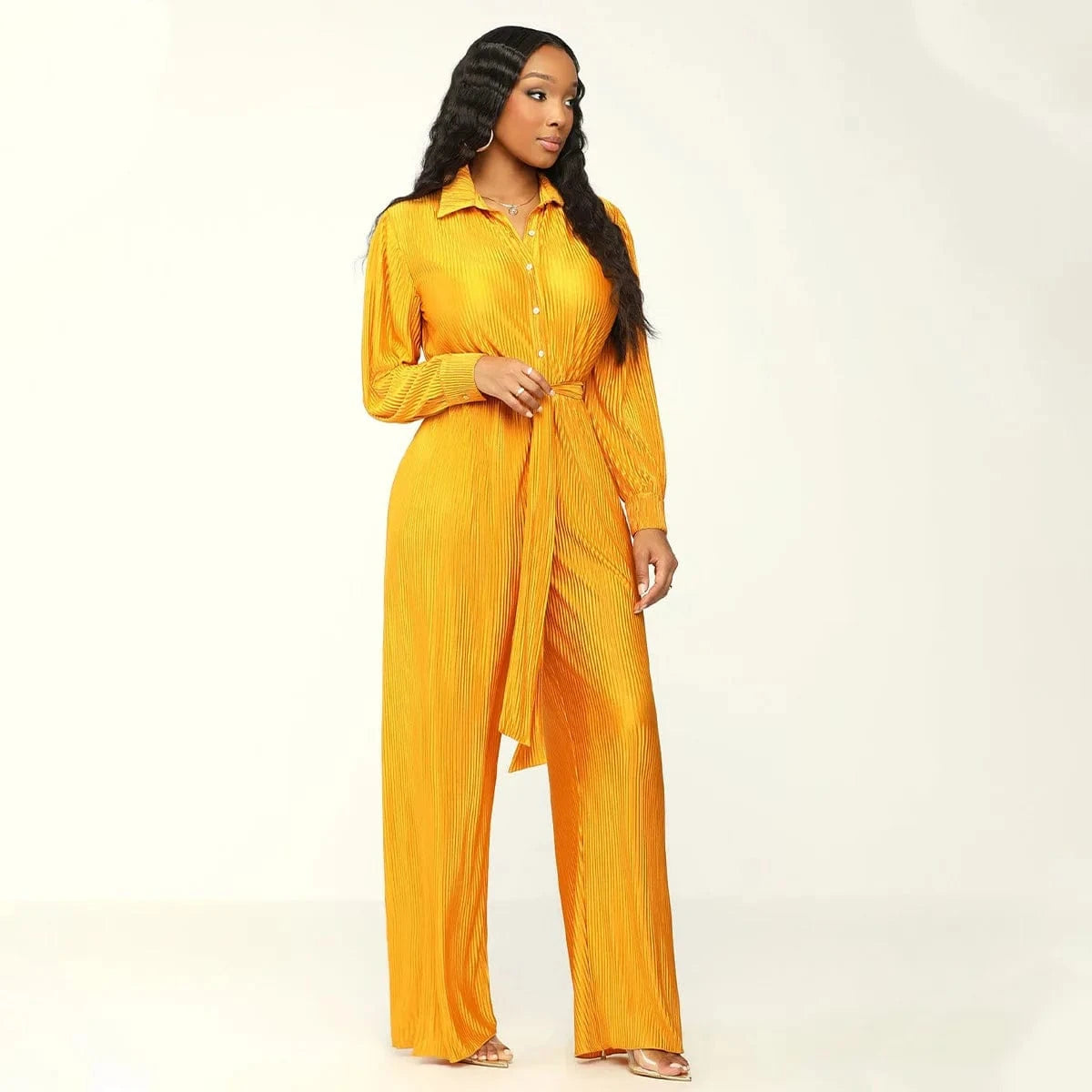 2024 New Arrivals Hot Sale Pleat Fabric Women Wide Leg Jumpsuits Long Sleeve Plain Fall Outfit Elegance Slim Fit