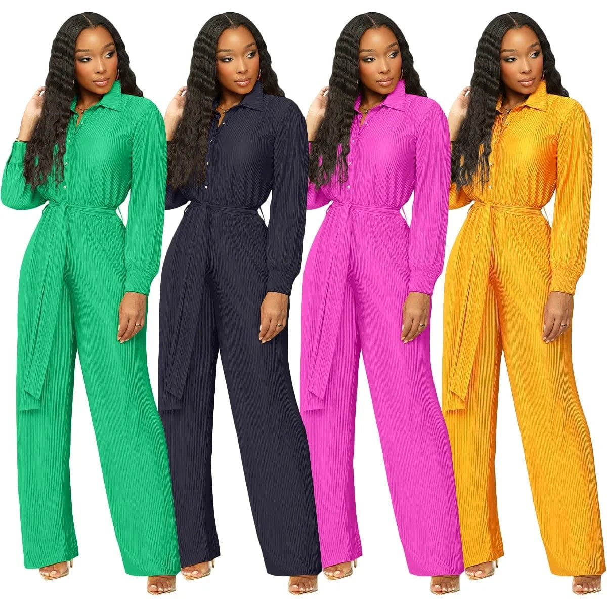 2024 New Arrivals Hot Sale Pleat Fabric Women Wide Leg Jumpsuits Long Sleeve Plain Fall Outfit Elegance Slim Fit