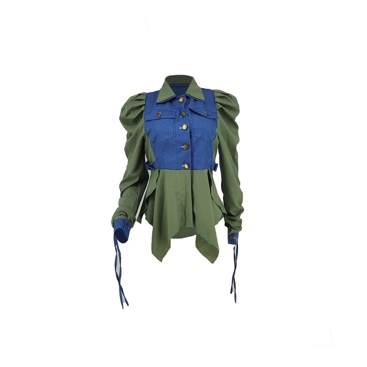 2024 New Arrivals Lace Up Sleeve Tops Turndown Collar Button Blouse Irregular Patchwork Denim Tops For Ladies