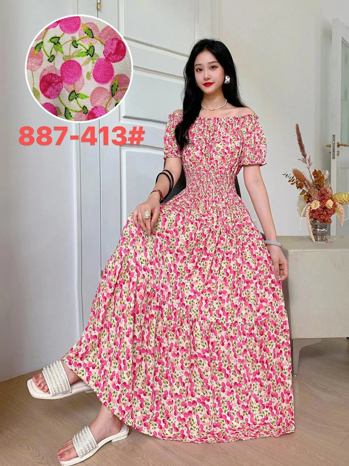 2024 New arrivals lady casual dress stylish printing Off shoulder sexy floral maxi dress summer woman clothing dresses