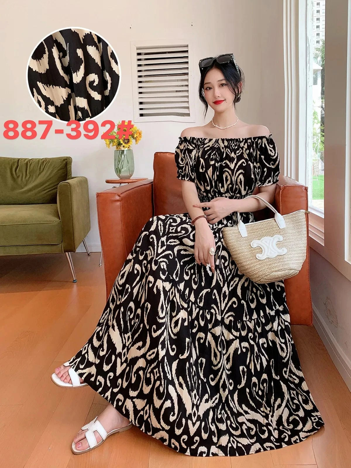 2024 New arrivals lady casual dress stylish printing Off shoulder sexy floral maxi dress summer woman clothing dresses