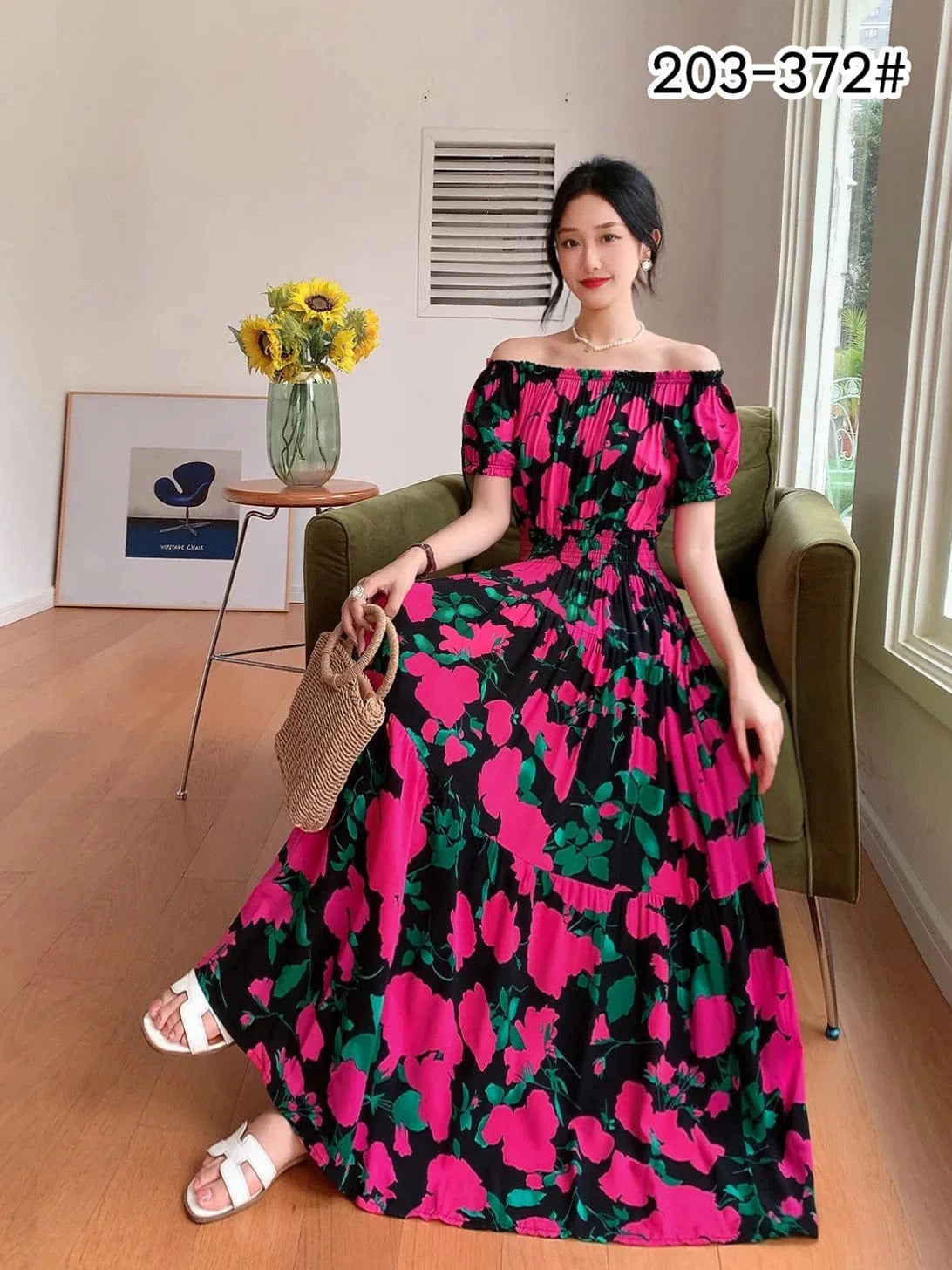 2024 New arrivals lady casual dress stylish printing Off shoulder sexy floral maxi dress summer woman clothing dresses