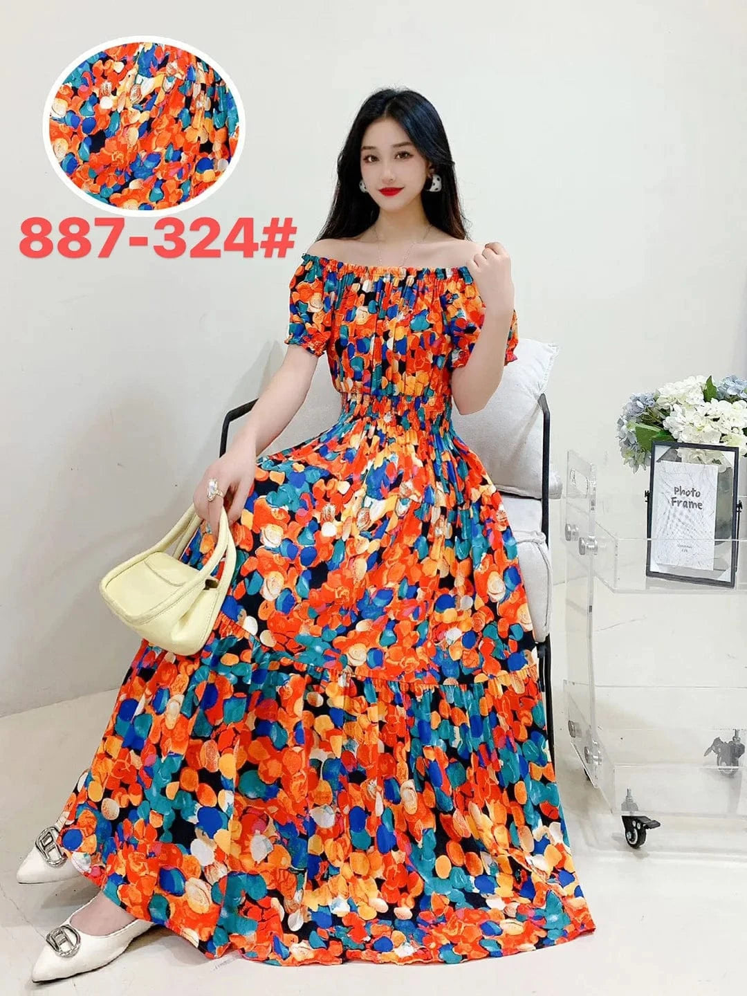 2024 New arrivals lady casual dress stylish printing Off shoulder sexy floral maxi dress summer woman clothing dresses