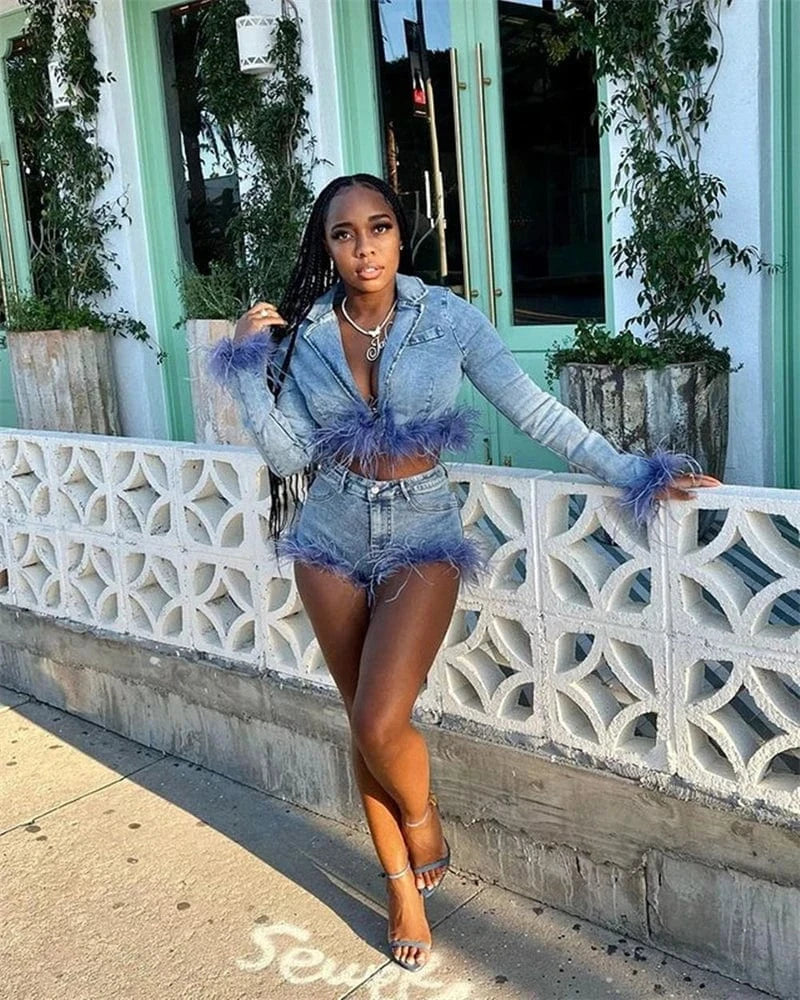 2024 new arrivals luxury elegant women feather denim shorts jackets jeans set clothing outfit clothes for women with feathers