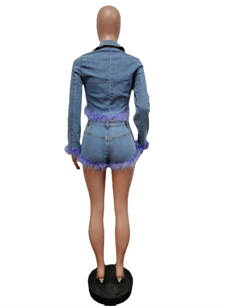 2024 new arrivals luxury elegant women feather denim shorts jackets jeans set clothing outfit clothes for women with feathers