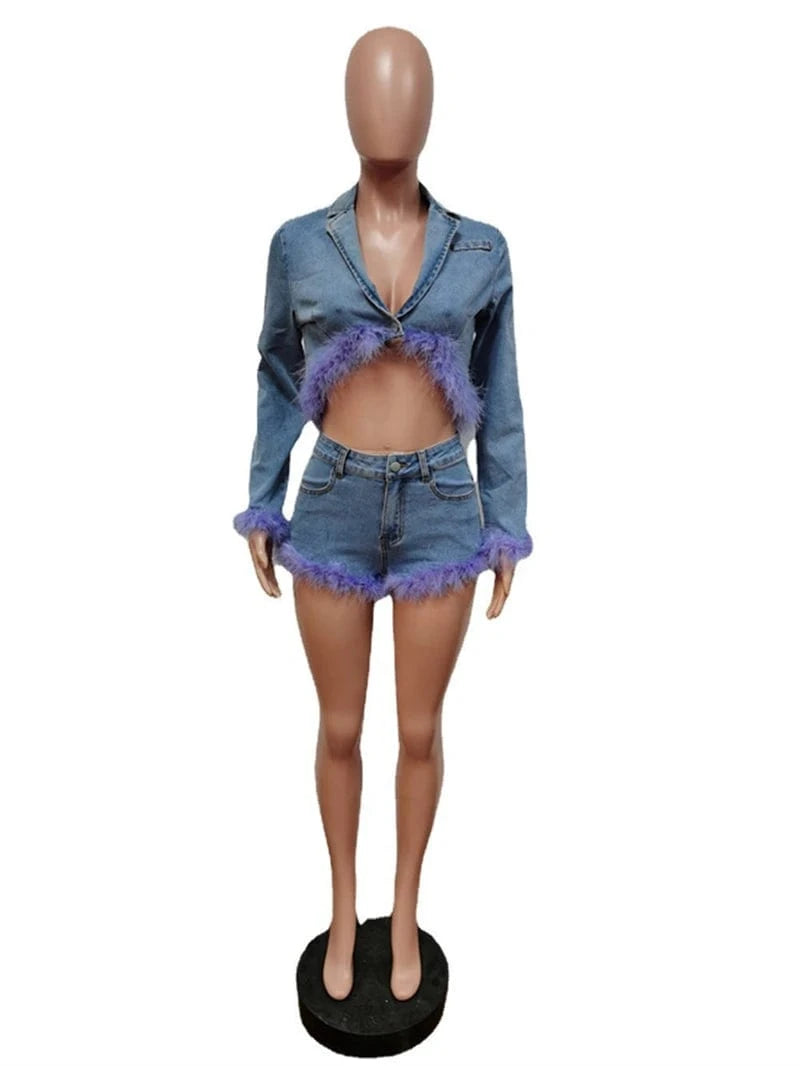 2024 new arrivals luxury elegant women feather denim shorts jackets jeans set clothing outfit clothes for women with feathers