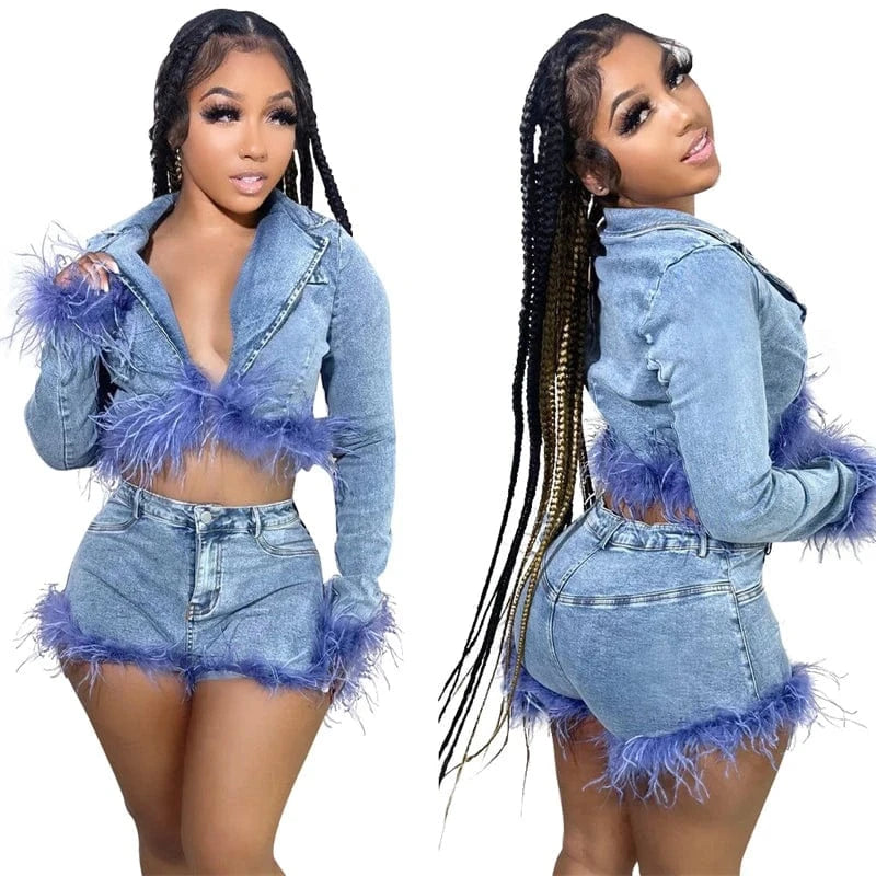 2024 new arrivals luxury elegant women feather denim shorts jackets jeans set clothing outfit clothes for women with feathers
