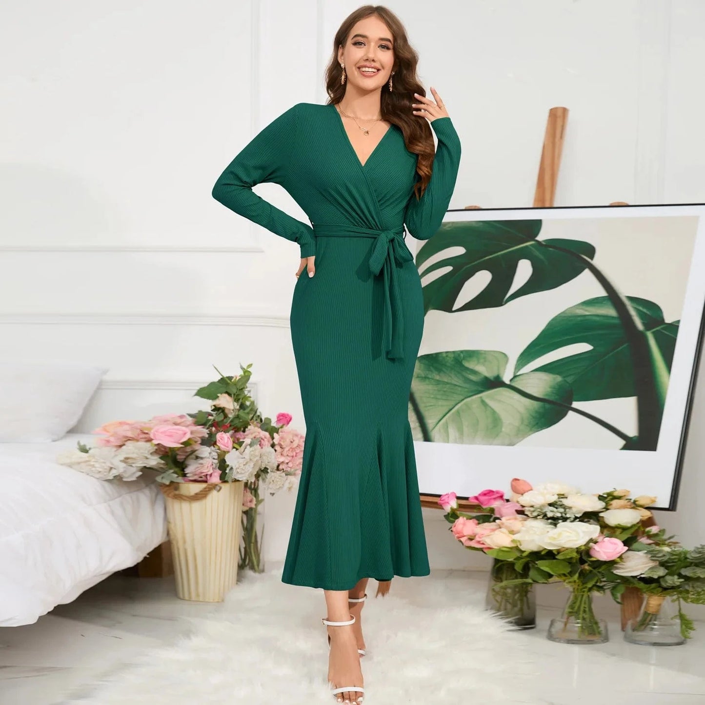 2024 new arrivals luxury high quality women ladies casual elegant black long sleeves Trumpet Mermaid midi dress with belt