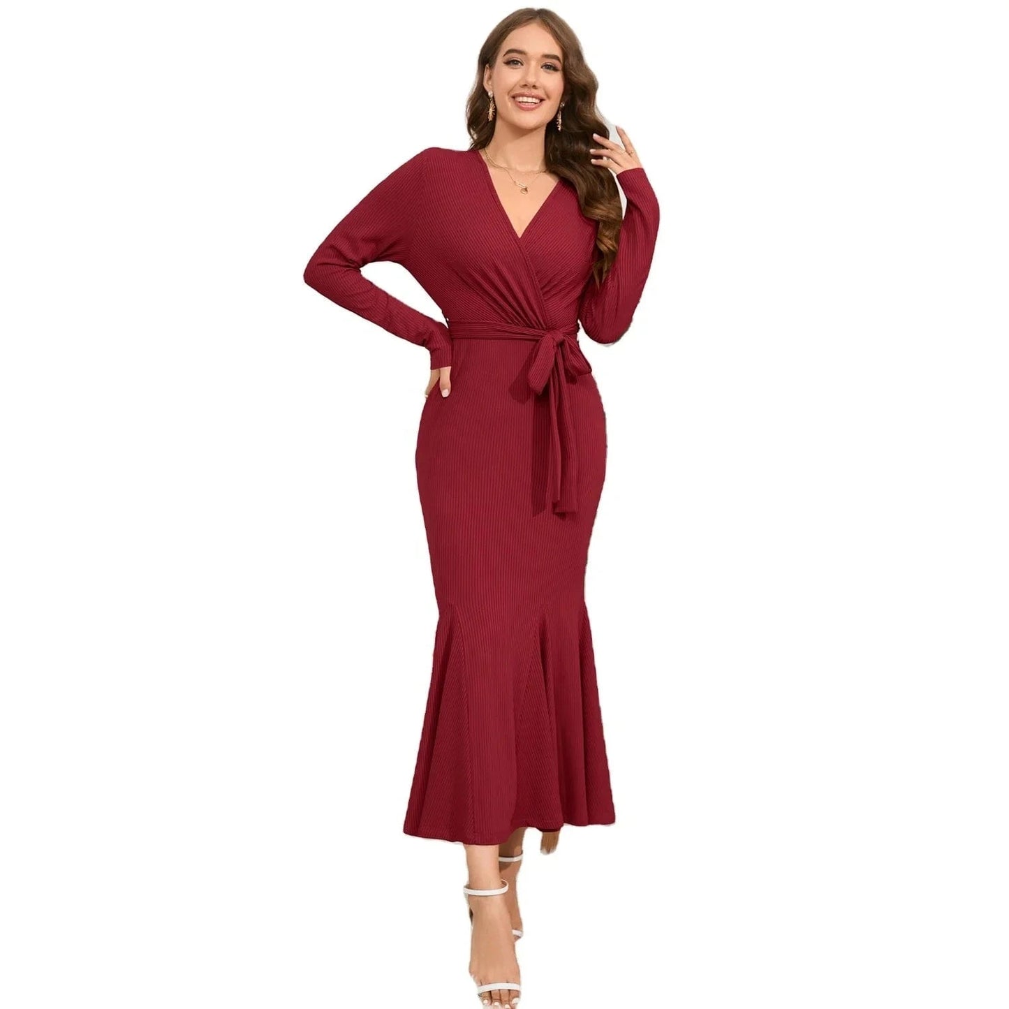 2024 new arrivals luxury high quality women ladies casual elegant black long sleeves Trumpet Mermaid midi dress with belt
