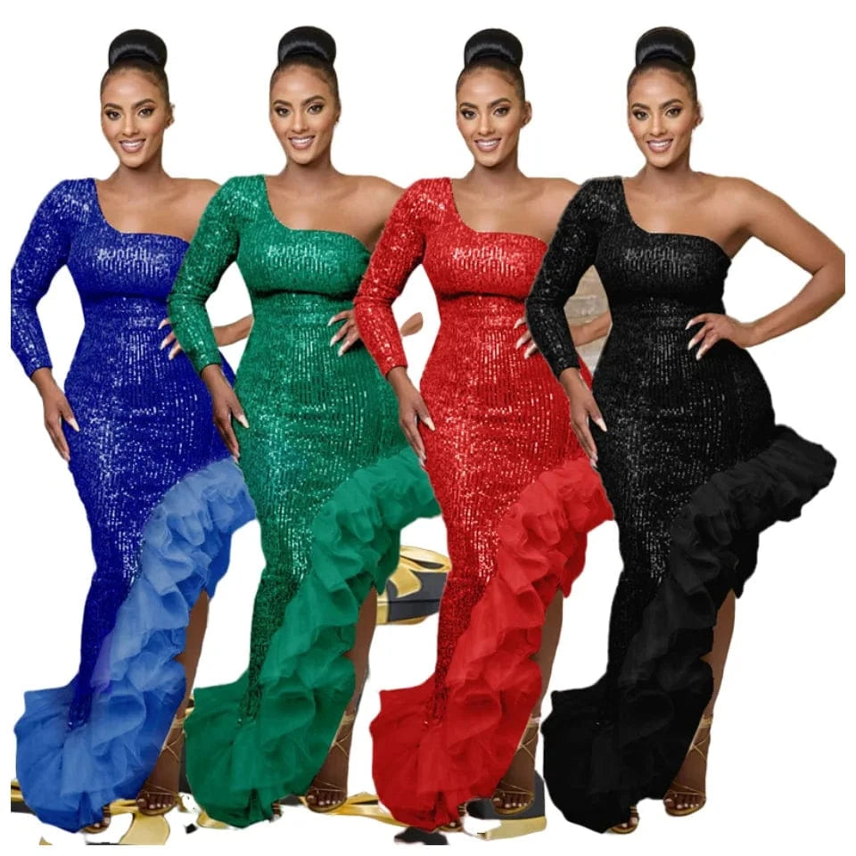 2024 new arrivals luxury one sleeve shoulder women maxi long sequin elegant msh ruffle edge party high slit prom evening dress