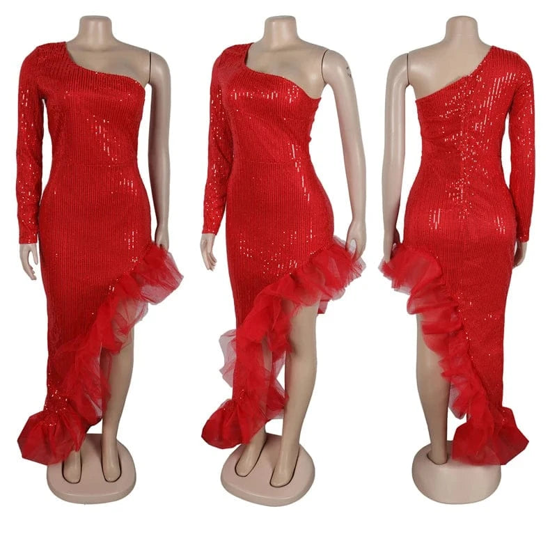 2024 new arrivals luxury one sleeve shoulder women maxi long sequin elegant msh ruffle edge party high slit prom evening dress