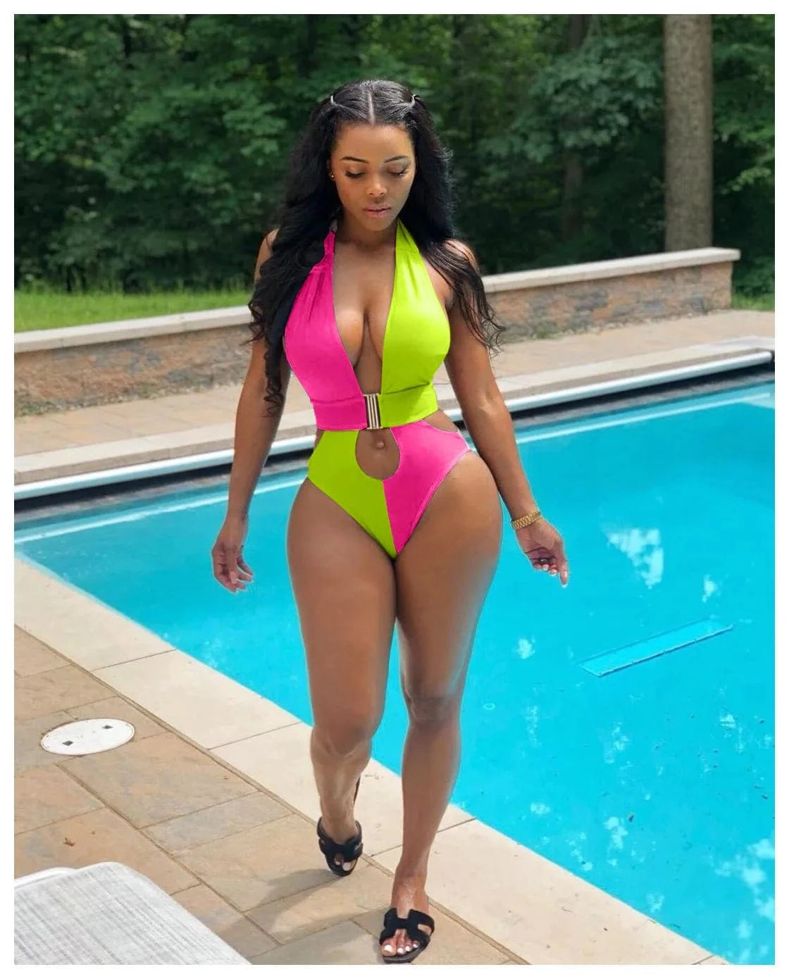 2024 New Arrivals Pierced Halter Neck Colorblock Swimwear Bikini Women One Piece Hot Sexy Deep V-Neck Swimsuit