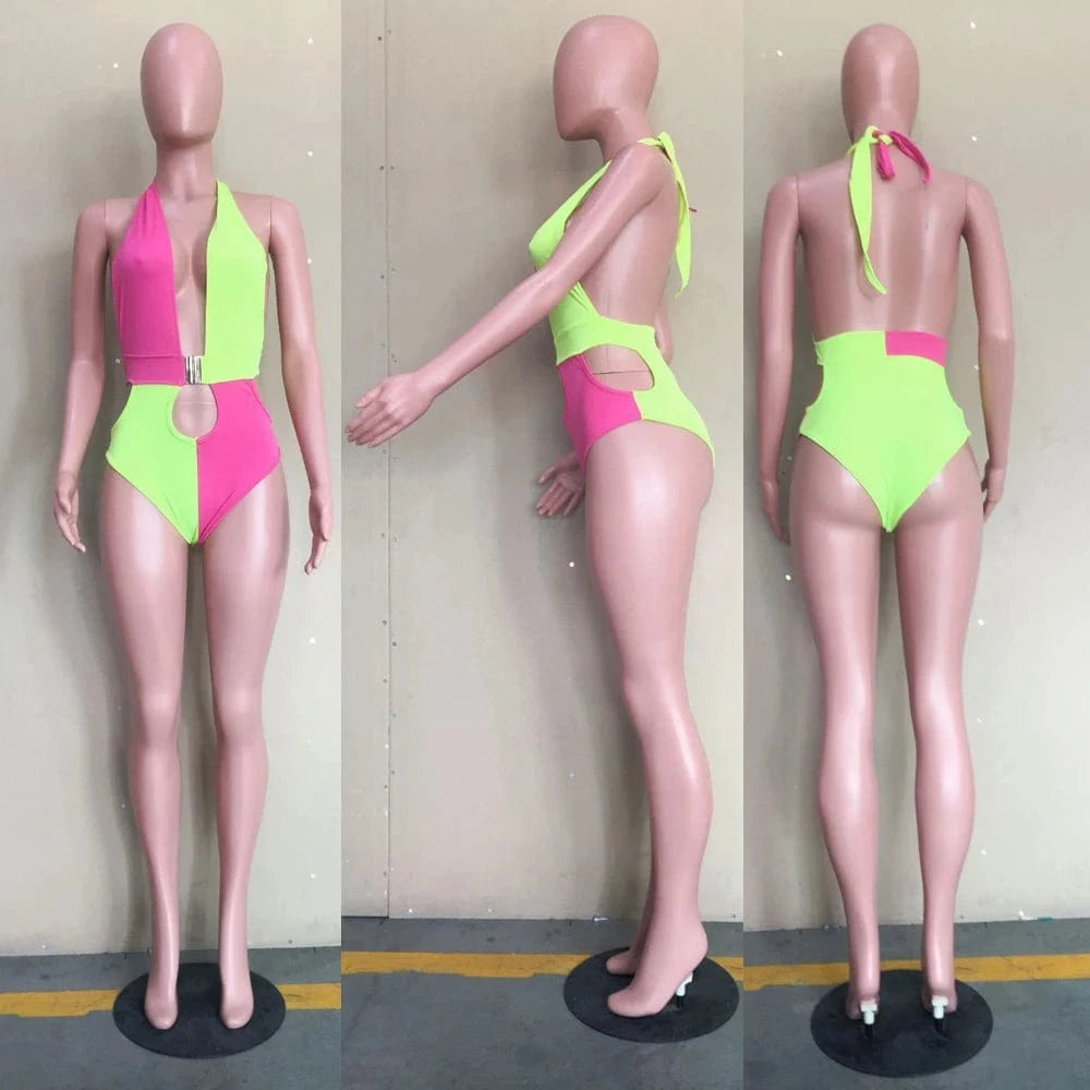 2024 New Arrivals Pierced Halter Neck Colorblock Swimwear Bikini Women One Piece Hot Sexy Deep V-Neck Swimsuit