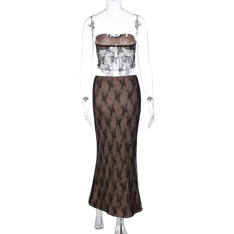 2024 new arrivals spring boutique 2 piece maxi lace skirt and top set for women