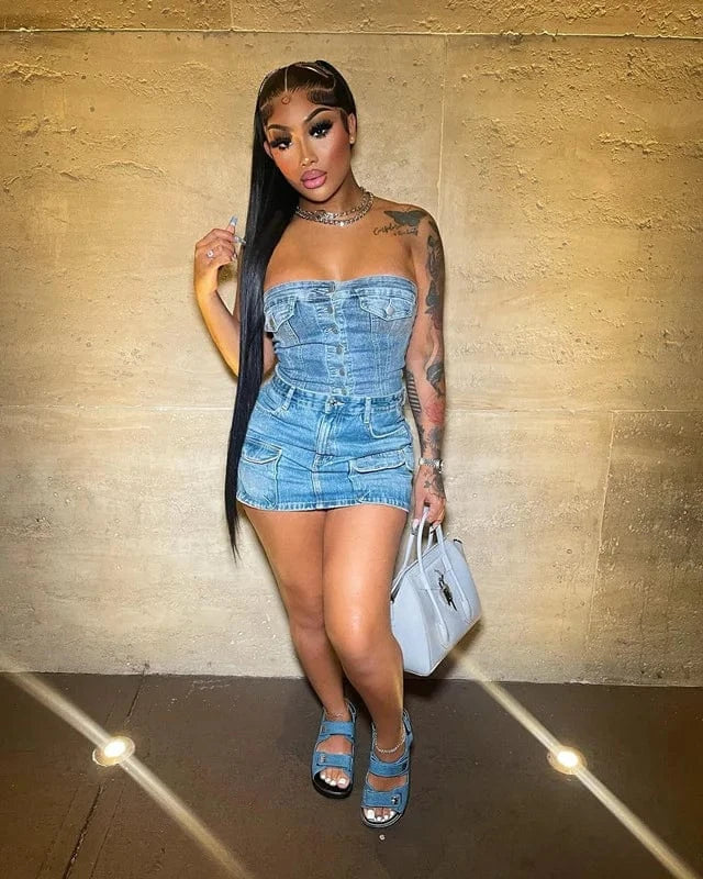 2024 New arrivals summer strapless tank top denim jeans two piece set women clothing