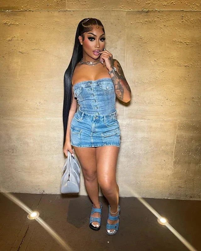 2024 New arrivals summer strapless tank top denim jeans two piece set women clothing