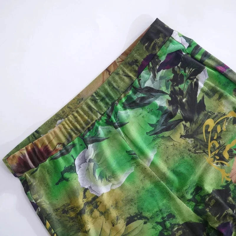 2024 new arrivals usa clothing see through print long sleeve mesh two piece pants set