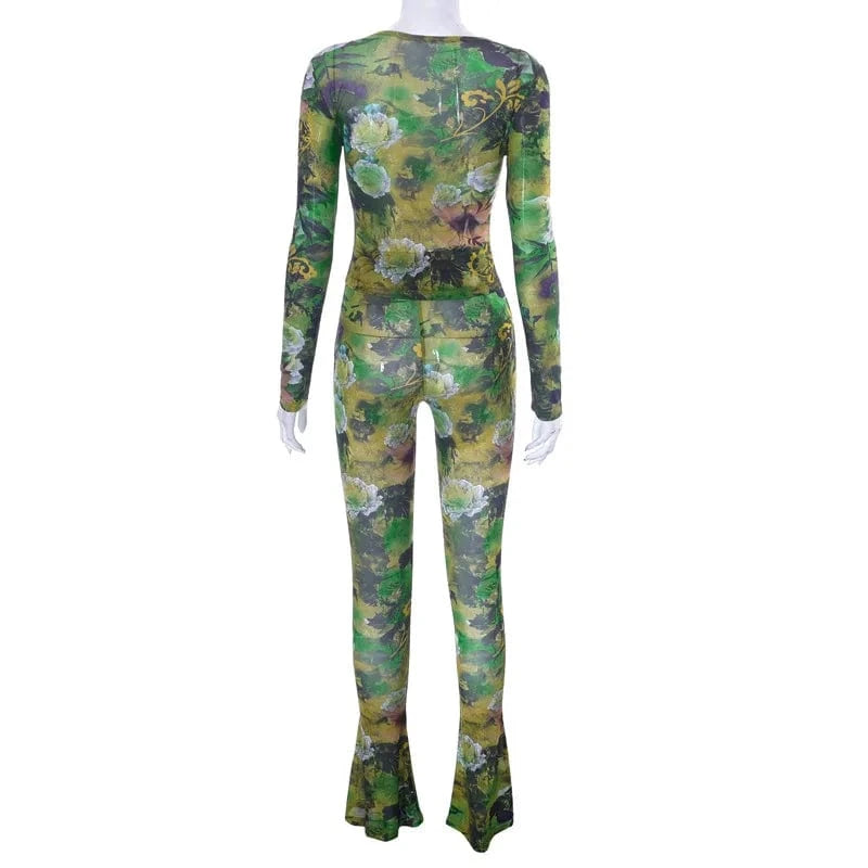 2024 new arrivals usa clothing see through print long sleeve mesh two piece pants set
