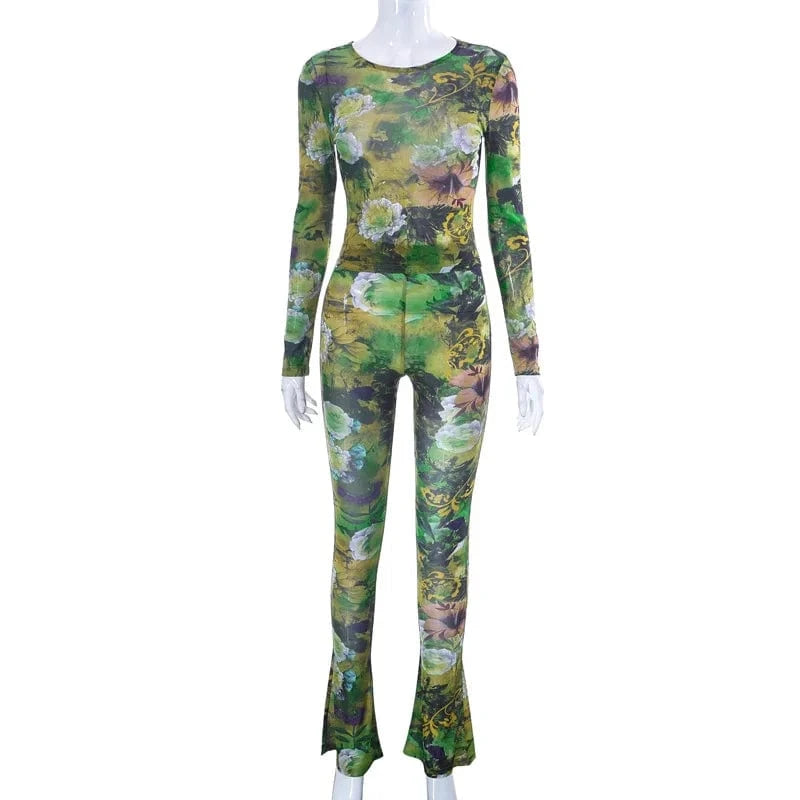 2024 new arrivals usa clothing see through print long sleeve mesh two piece pants set