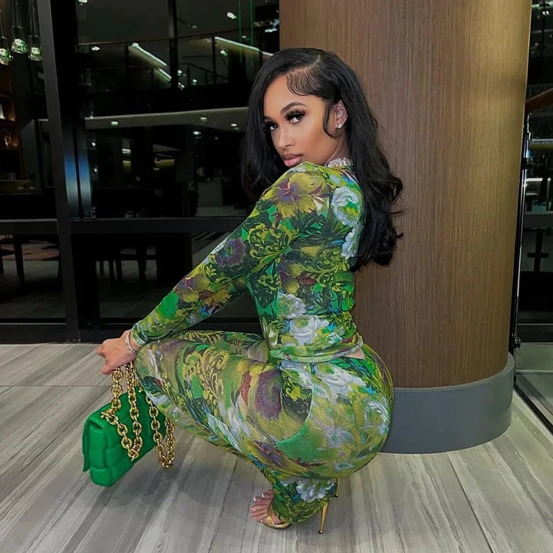 2024 new arrivals usa clothing see through print long sleeve mesh two piece pants set