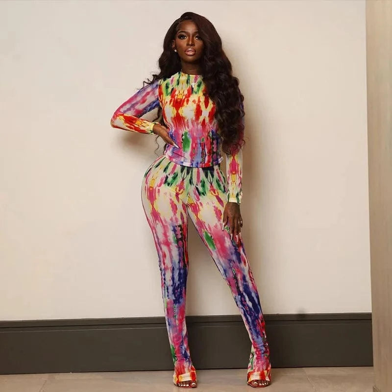 2024 new arrivals usa clothing see through print long sleeve mesh two piece pants set