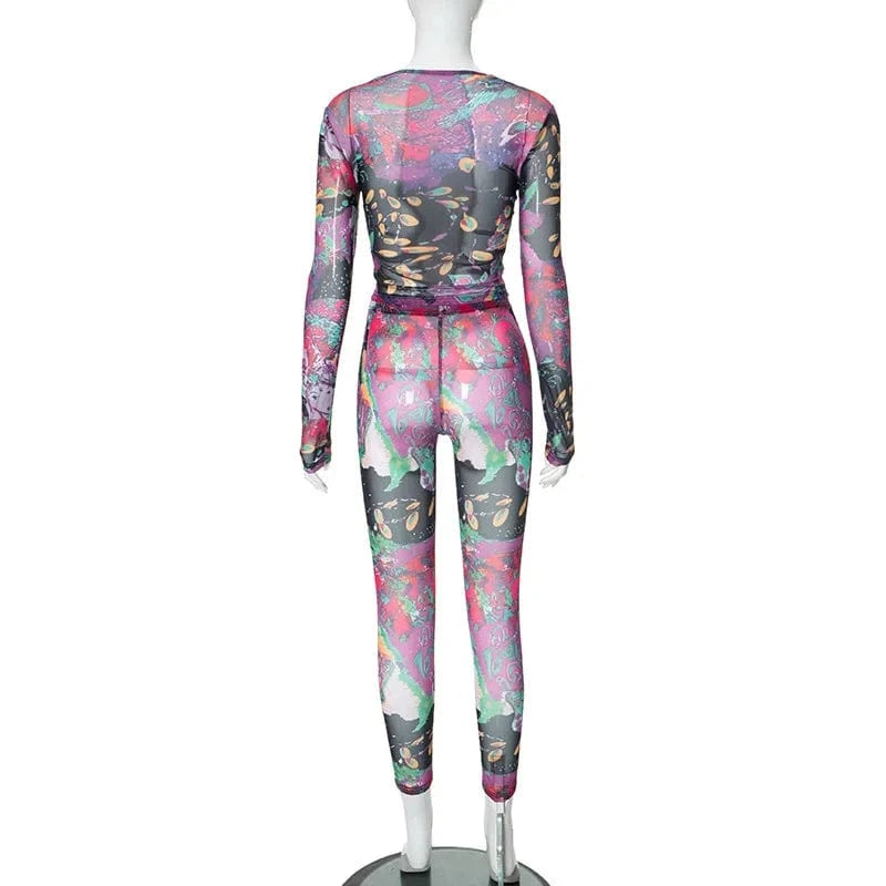2024 new arrivals usa clothing summer digital print mesh long sleeve two piece pants set