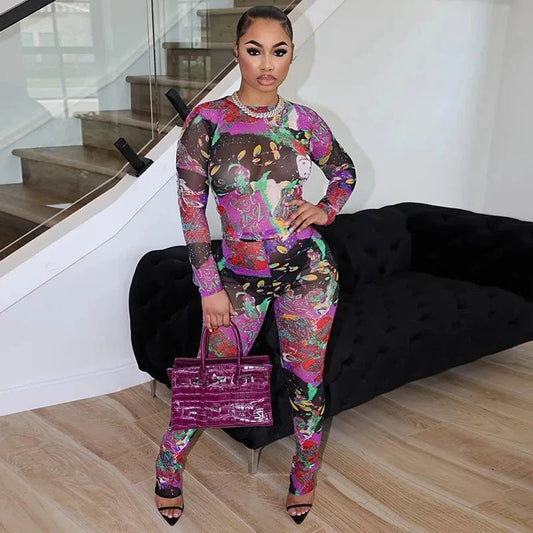 2024 new arrivals usa clothing summer digital print mesh long sleeve two piece pants set