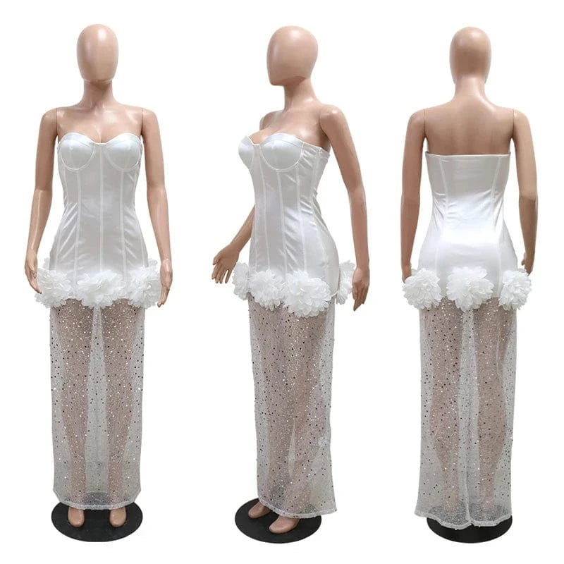 2024 new arrivals women ladies luxury sexy white fairy sequin bling mesh sheer flower party evening ball gown dress for women