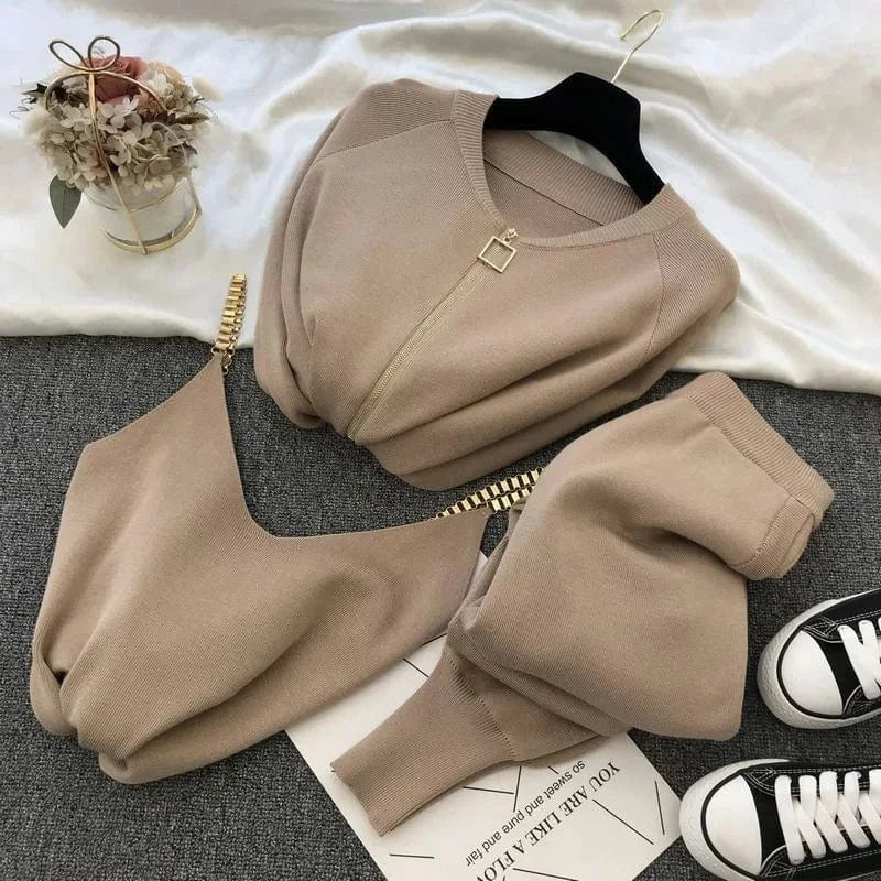 2024 New arrivals women long sleeve zipper cardigan and tank set sweater pants set women 3 piece cardigan set