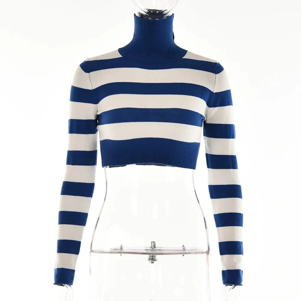 2024 New Autumn Women Knitted Sweater Striped Design Turtleneck Pullover Women Cropped Sweaters Casual Outfit