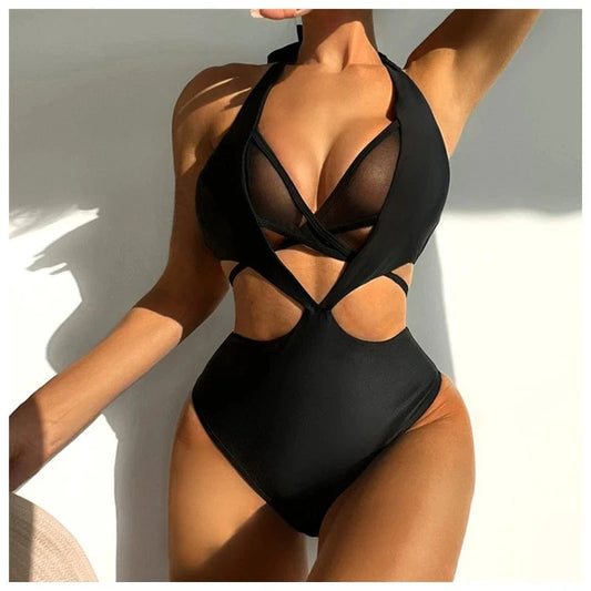 2024 New Cheap Swimsuit One Piece Custom Swimwear Mesh Patchwork Monokini Women Beach Body Black Bathing Suits Trikini