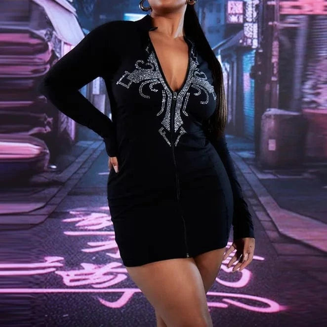 2024 New Cross Hot Diamond Sexy Long Sleeve Slim Fit Zipper Cardigan Bodycon Dress