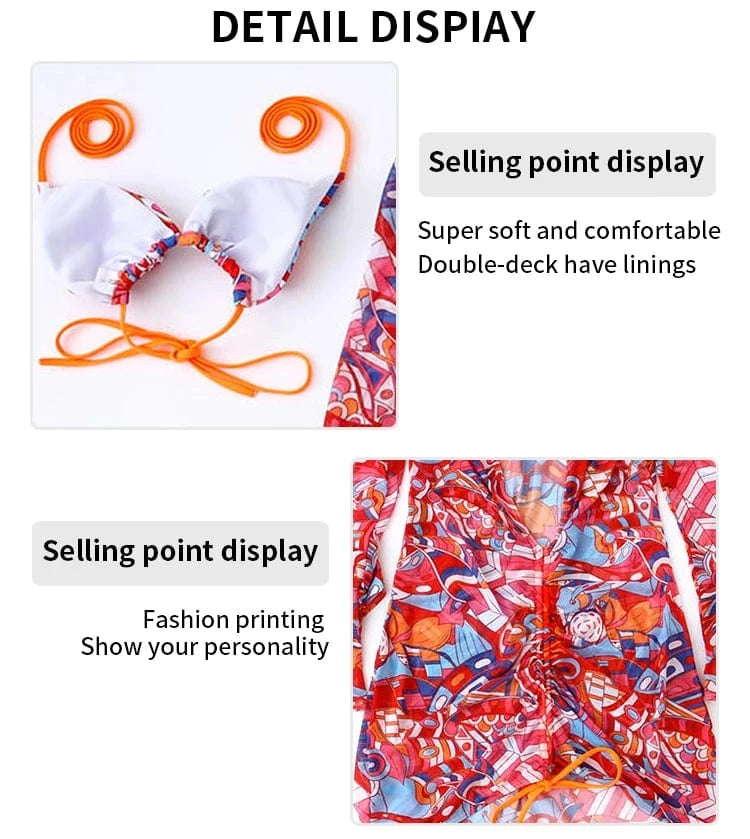 2024 New Custom Women Sexy Swim Suit African Print Beachwear 3 Piece Swimwear Set Mesh Skirt Cover Up String Bikini Swimsuit