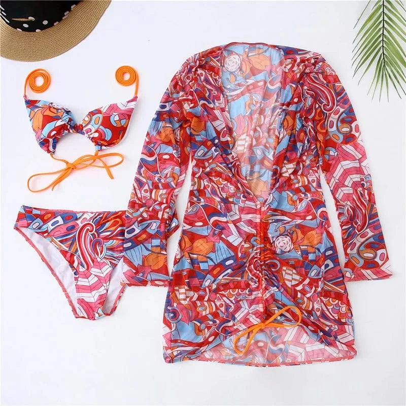 2024 New Custom Women Sexy Swim Suit African Print Beachwear 3 Piece Swimwear Set Mesh Skirt Cover Up String Bikini Swimsuit