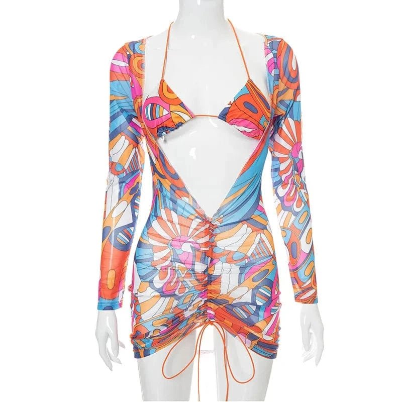 2024 New Custom Women Sexy Swim Suit African Print Beachwear 3 Piece Swimwear Set Mesh Skirt Cover Up String Bikini Swimsuit