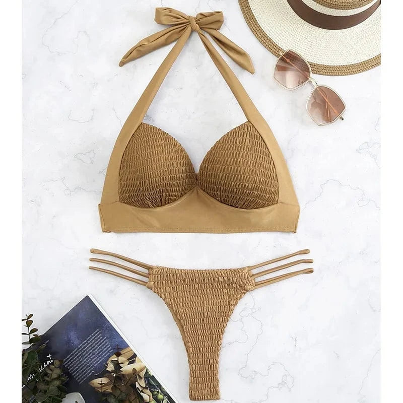 2024 new design brown fashion ribbing swimwear bandage seersucker jacquard swimsuit halter women bikinis & beachwear(old)
