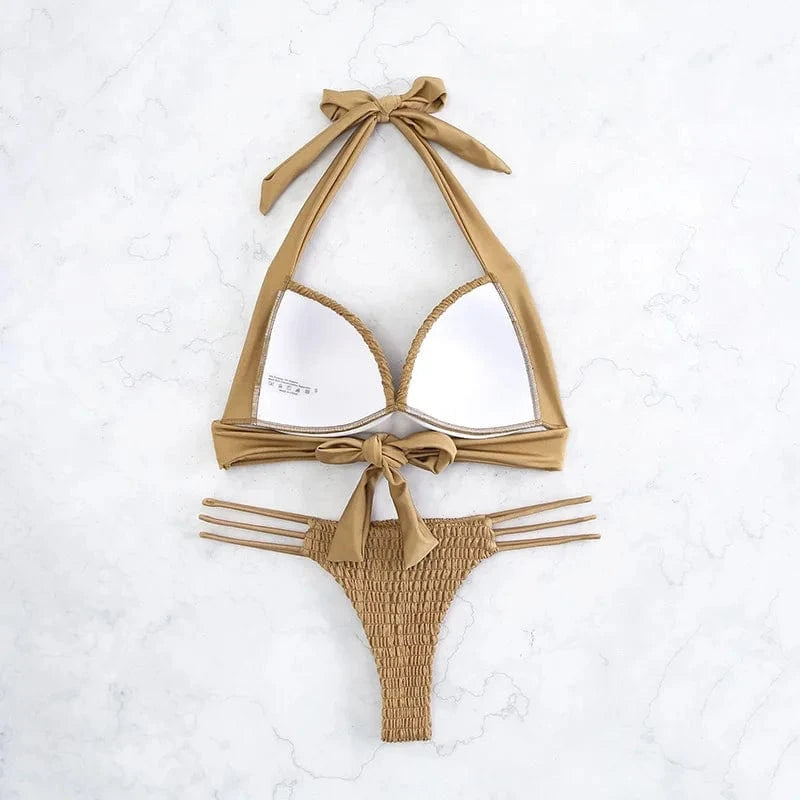2024 new design brown fashion ribbing swimwear bandage seersucker jacquard swimsuit halter women bikinis & beachwear(old)