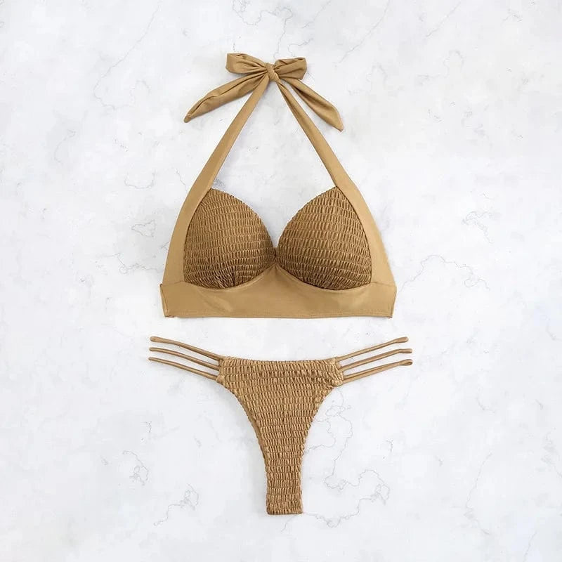 2024 new design brown fashion ribbing swimwear bandage seersucker jacquard swimsuit halter women bikinis & beachwear(old)