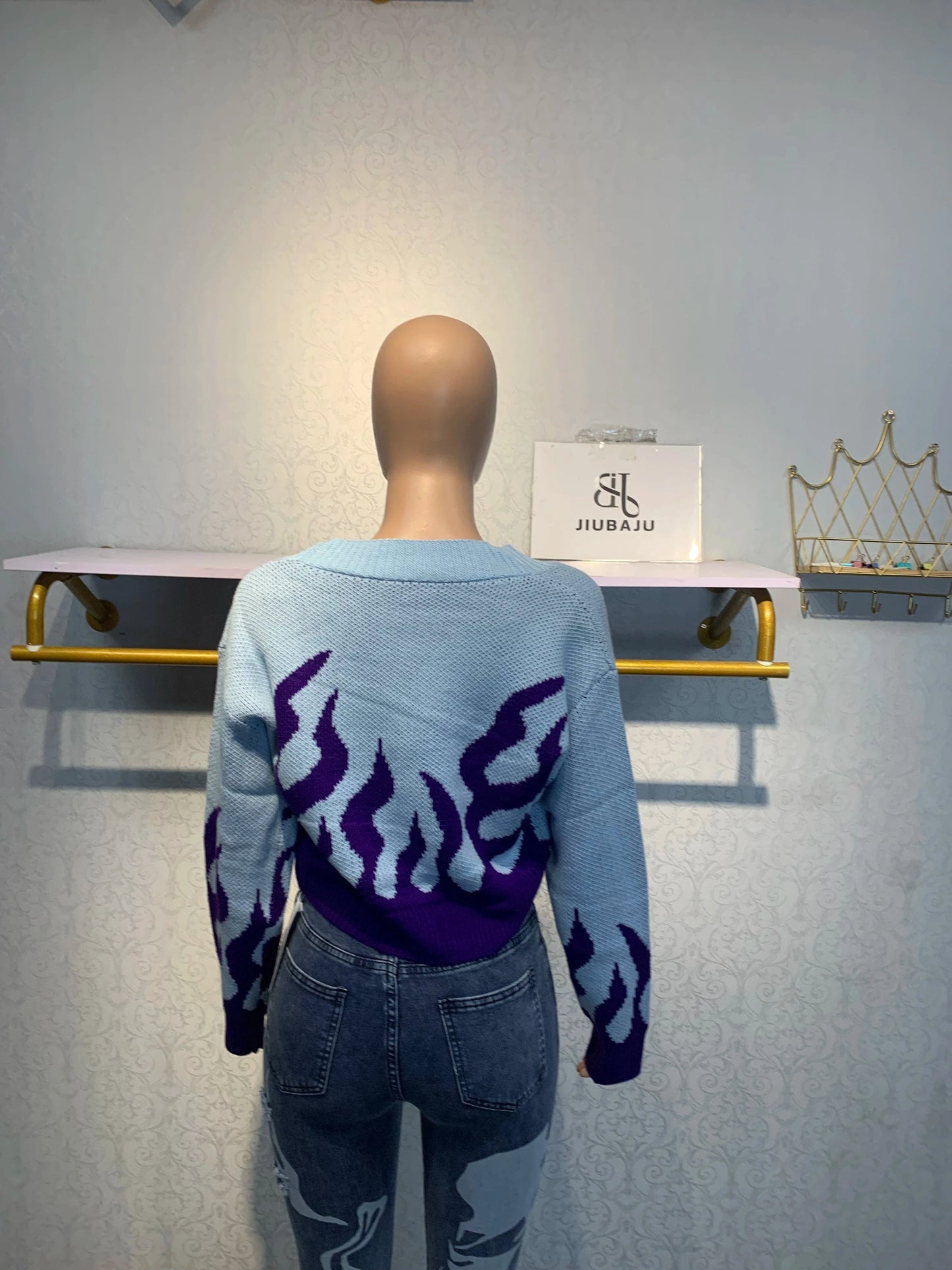 2024 New Design Crop Sweater Jacket Sexy V Neck Knitted Blue Long Sleeve Women Streetwear Sweater Top