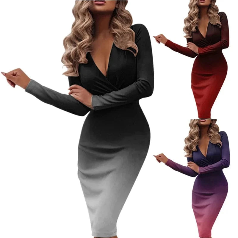 2024 New Design Deep V Pleated Hip-Length Long-Sleeved Midi Skirt Spring Solid Dresses