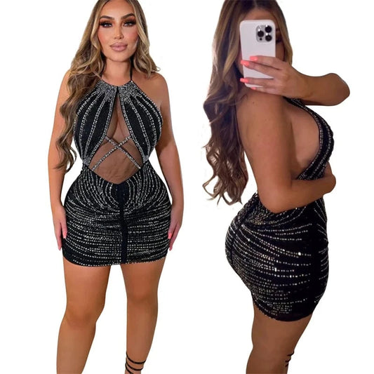 2024 new design elegant halter backless rhinestone beaded crystal mesh sheer sexy short evening red mini dress luxury empire gow