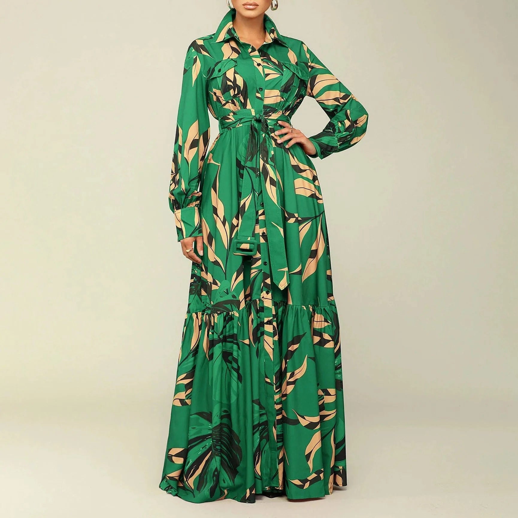 2024 new design fancy floral print sun holiday collar womans fall long sleeve button shirt party muslim maxi dresses for women