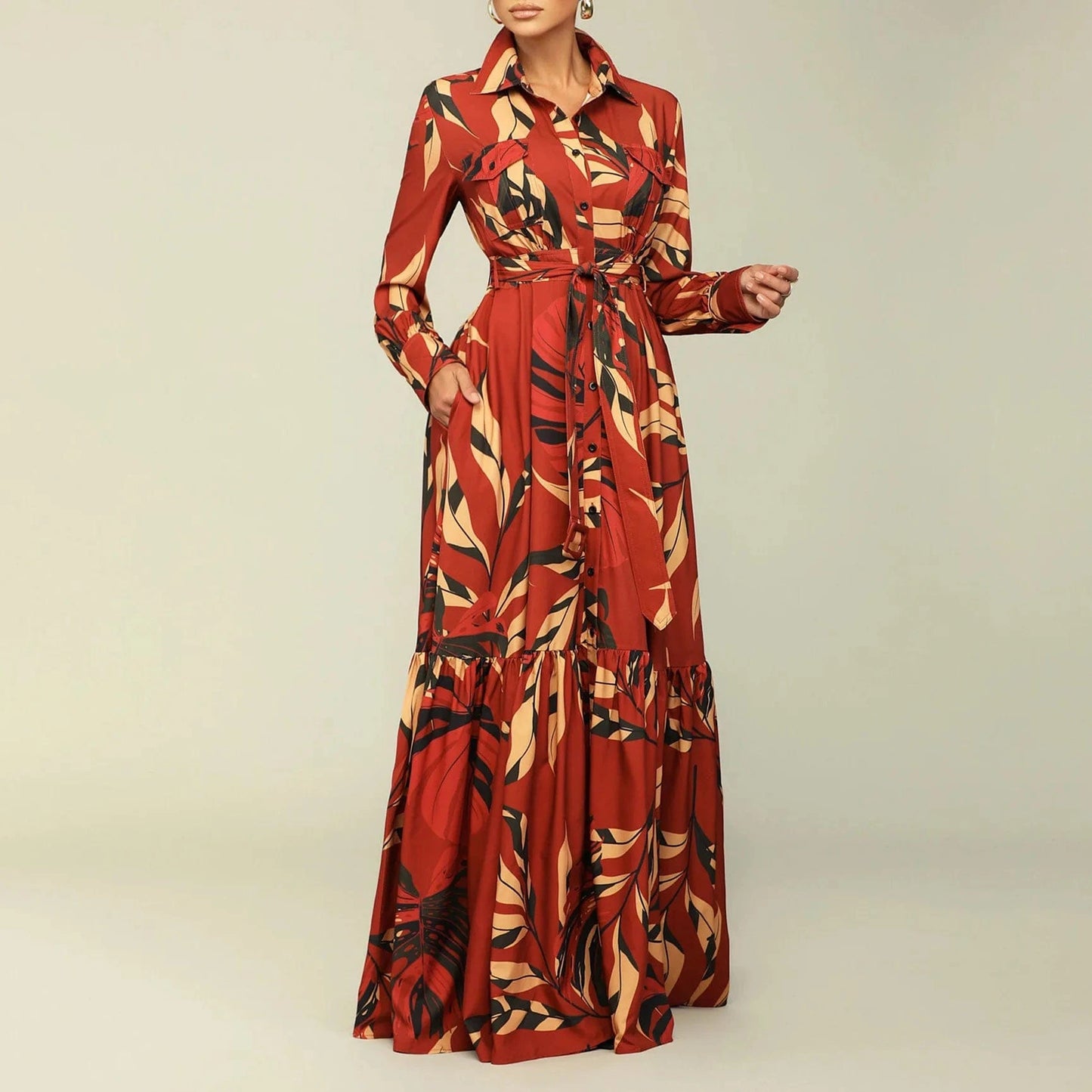 2024 new design fancy floral print sun holiday collar womans fall long sleeve button shirt party muslim maxi dresses for women