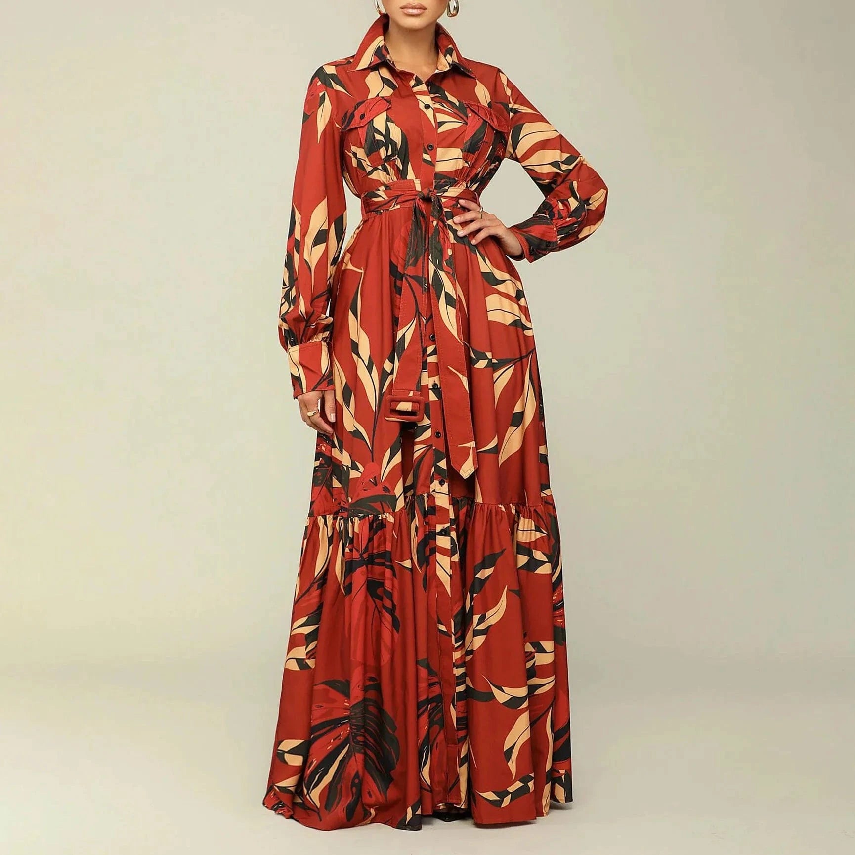 2024 new design fancy floral print sun holiday collar womans fall long sleeve button shirt party muslim maxi dresses for women