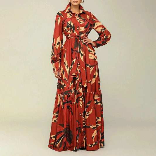 2024 new design fancy floral print sun holiday collar womans fall long sleeve button shirt party muslim maxi dresses for women