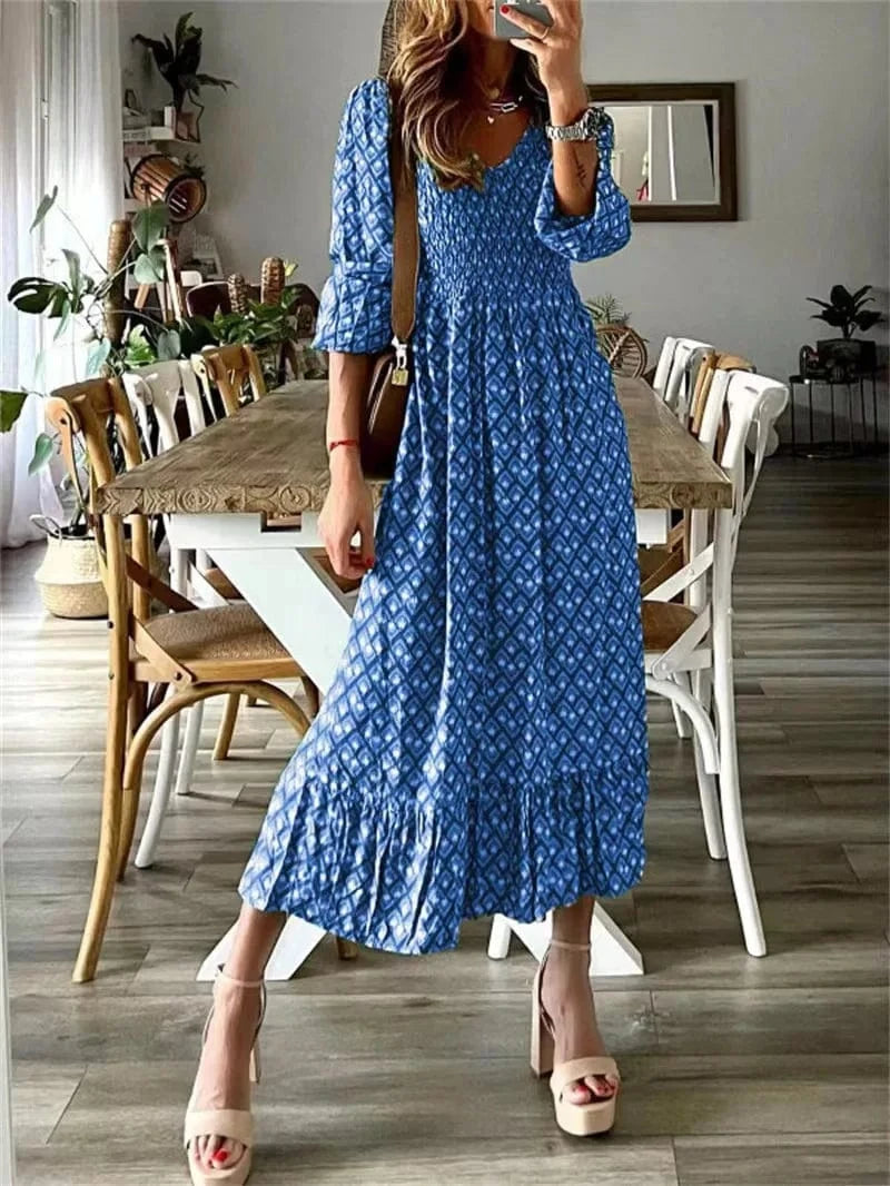 2024 New Design Spring New Fashion Women'S V-Neck Waist-Skimming Floral Print Pendulum Long Dresses