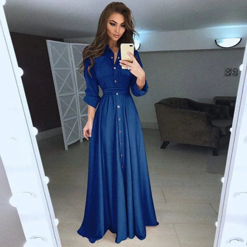2024 New Design Wish Plus Size Women Slim Button Dress Shirt Long Sleeve Maxi Shirts Dress