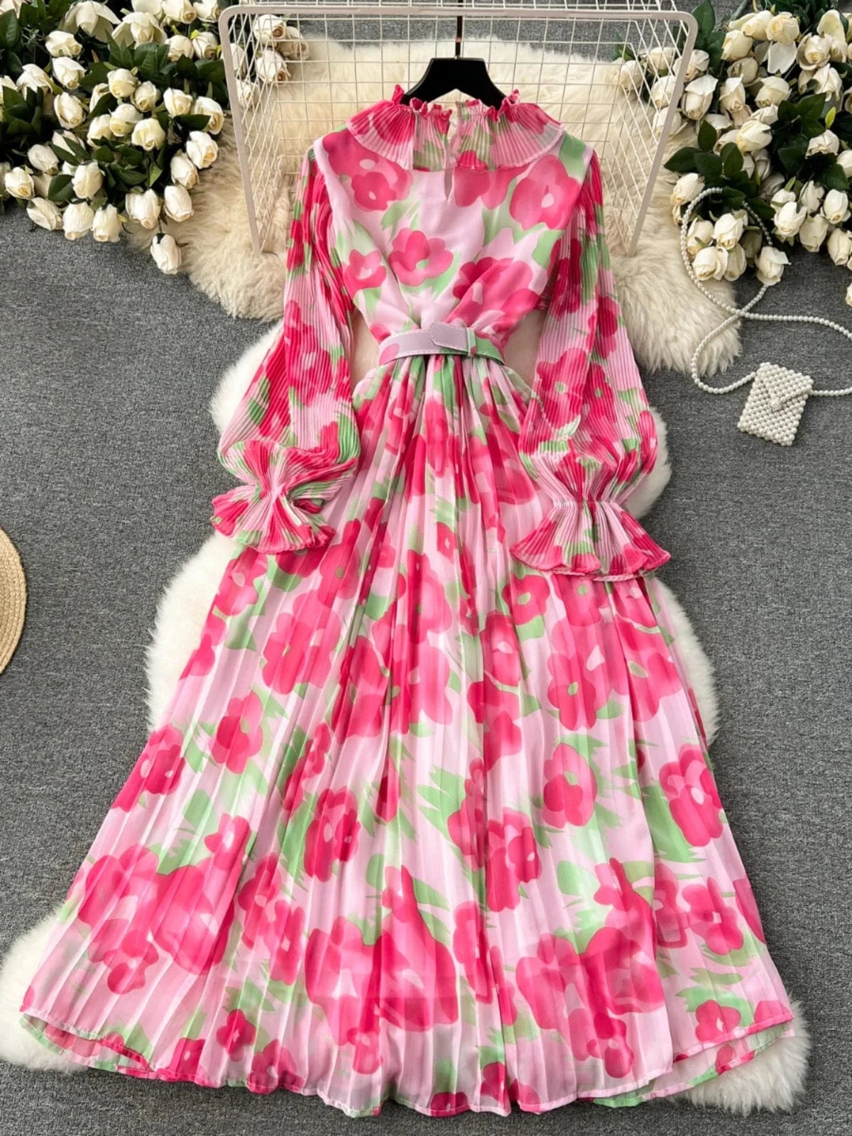 2024 New Dress Women's Sweet Auricularia Ruffle Collar Slim Fit Mid length Printed Chiffon Pleated Skirt