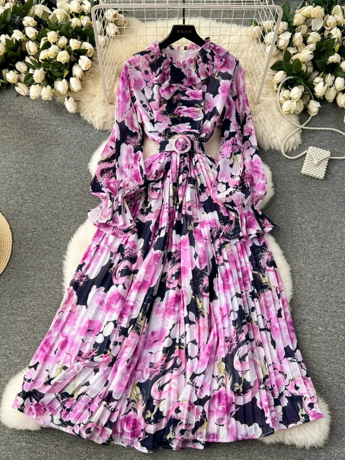 2024 New Dress Women's Sweet Auricularia Ruffle Collar Slim Fit Mid length Printed Chiffon Pleated Skirt