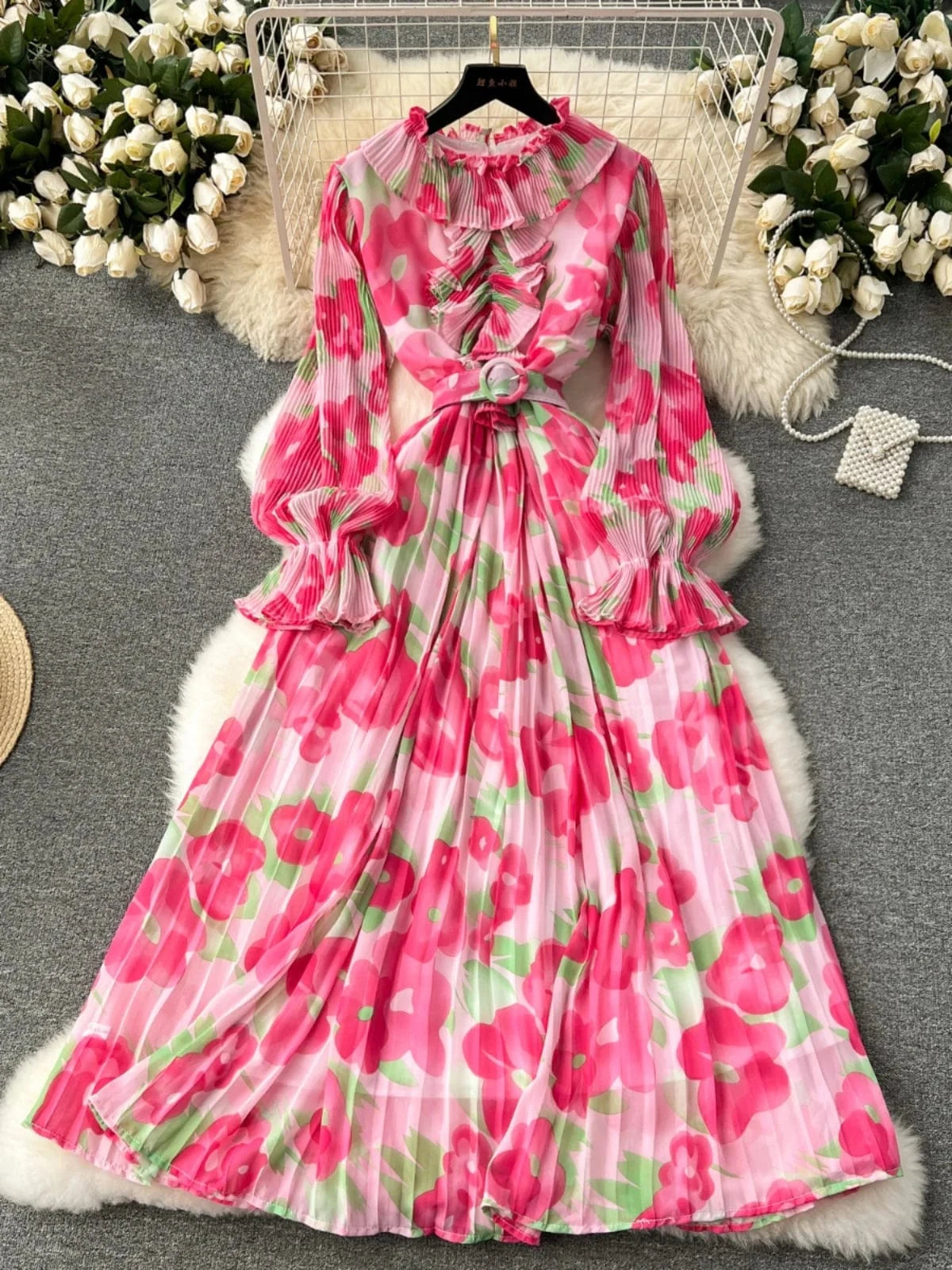 2024 New Dress Women's Sweet Auricularia Ruffle Collar Slim Fit Mid length Printed Chiffon Pleated Skirt